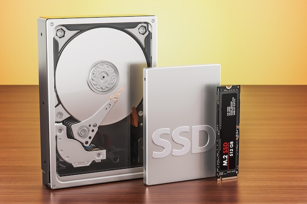 Dysk półprzewodnikowy SSD Dysk twardy HDD i M2 SSD na drewnianym stole Renderowanie 3D