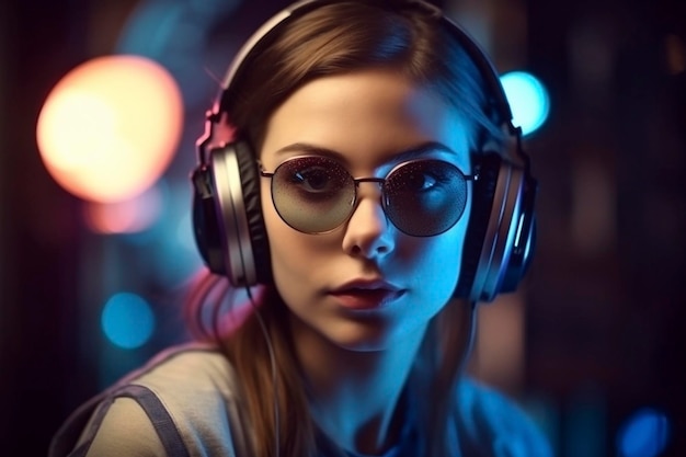Dyskotekowa dziewczyna w modnym stylu z dużymi słuchawkami stworzona za pomocą generatywnej sztucznej inteligencji