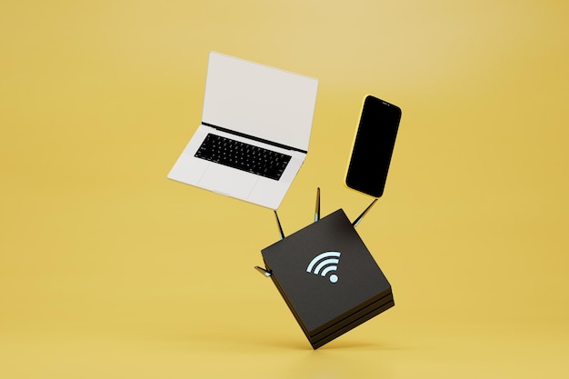 Zdjęcie dystrybucja sygnału wi-fi przez smartfon routera i router wi-fi na żółtym tle renderowania 3d