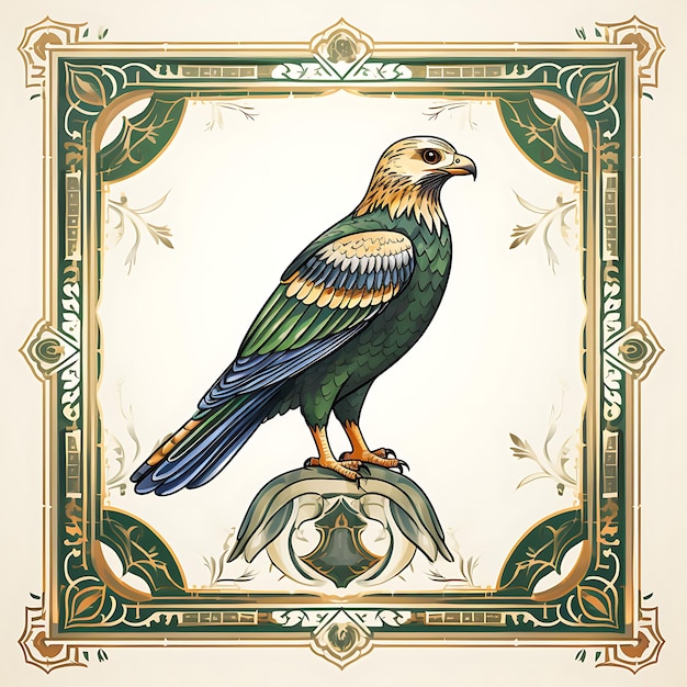 Dywan z motywem ptaka z Arabii Saudyjskiej, symetryczny wzór, prostokątne motywy brokatowe, dekoracyjna ramka artystyczna