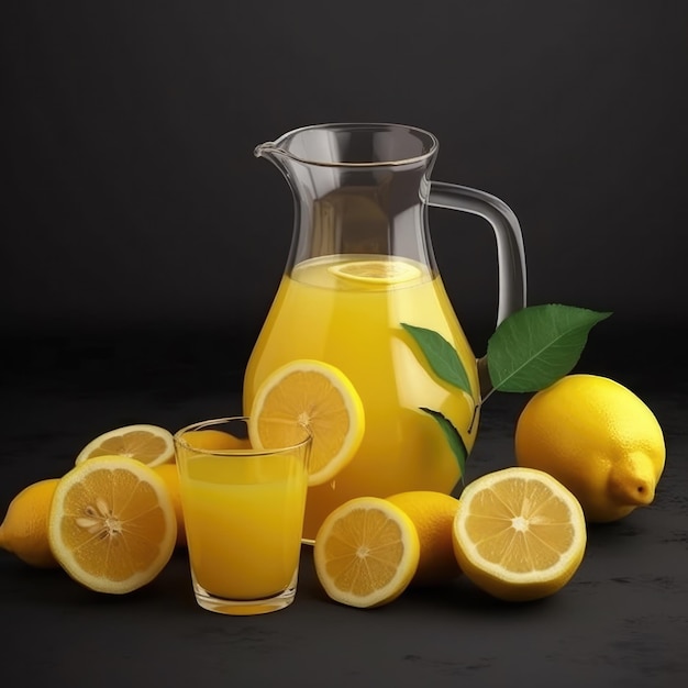 Dzban soku pomarańczowego z kiścią cytryn i szklanką soku pomarańczowego.