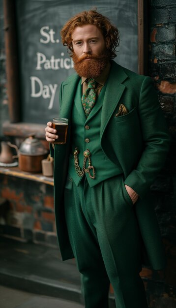 Dżentelmen trzymający szklankę piwa w tradycyjnym irlandzkim pubie w dniu św. Patryka