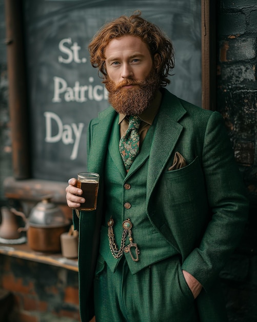 Dżentelmen trzymający szklankę piwa w tradycyjnym irlandzkim pubie w dniu św. Patryka