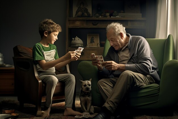 Dziadek gra w karty ze swoim wnukiem siedzącym w salonie.