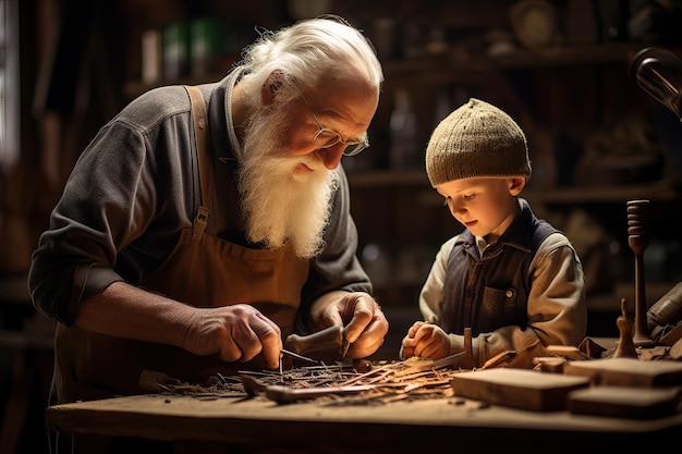 Dziadek i wnuk pracują w warsztacie stolarskim