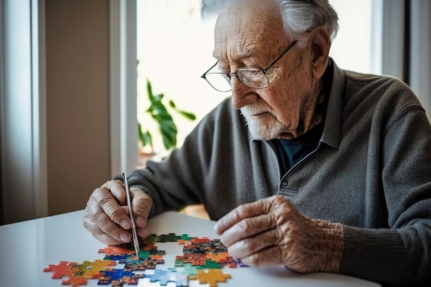 Dziadek z ołówkiem w lewej ręce myślący pod krzyżówką na kuchennym stole Ai wygenerowany