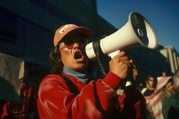 Działacz pracy protestujący z megafonem podczas demonstracji