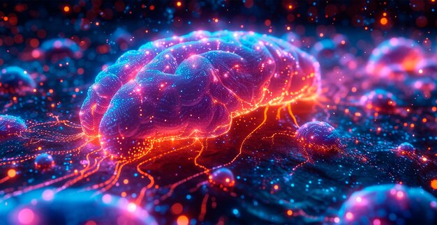 Zdjęcie działalność neuronów i synaps połączenia neuronowe w aksonach mózgu impulsy elektryczne przekazujące sygnały zdjęcie generowane przez sztuczną inteligencję