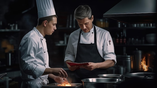 Działanie profesjonalnego szefa kuchni pracującego w kuchni restauracji na ciemnym tle