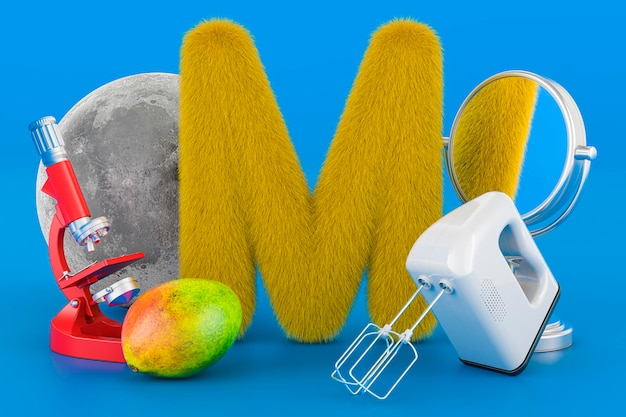 Dzieci ABC puszysta litera M z księżycowym mikroskopem lustrzanym mikserem mango renderowania 3D