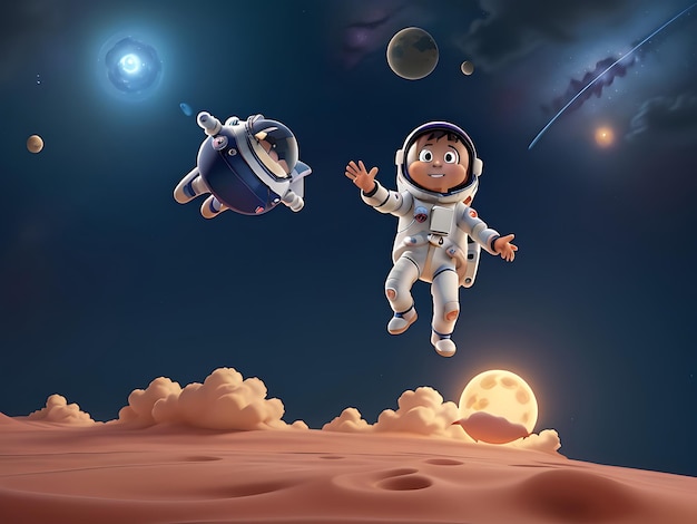 Dzieci animowane anime Podróżujący w kosmosie astronauta cyfrowa ilustracja generatywna AI