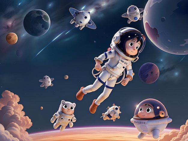 Dzieci animowane anime Podróżujący w kosmosie astronauta cyfrowa ilustracja generatywna AI