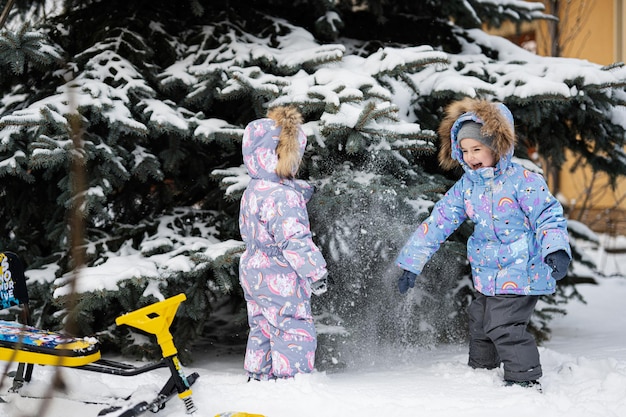 Dzieci bawią się na zewnątrz w śniegu Dwie małe siostry w pobliżu choinki w zimie