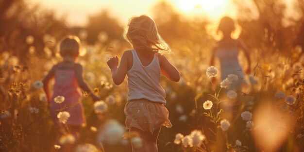 Dzieci bawią się razem Trzy małe dziewczynki biegną po polu latem