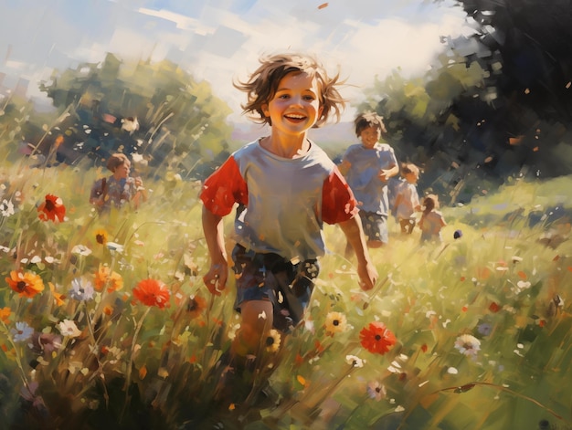 Dzieci bawią się w tag w słonecznym polu kwiatowym