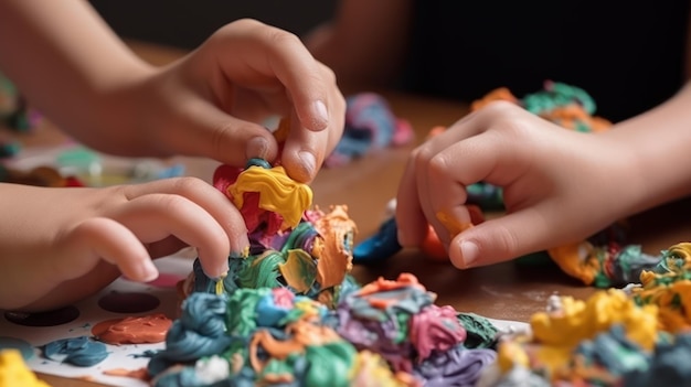 Dzieci bawiące się kolorową plasteliną rzeźbią figurę generatywną ai
