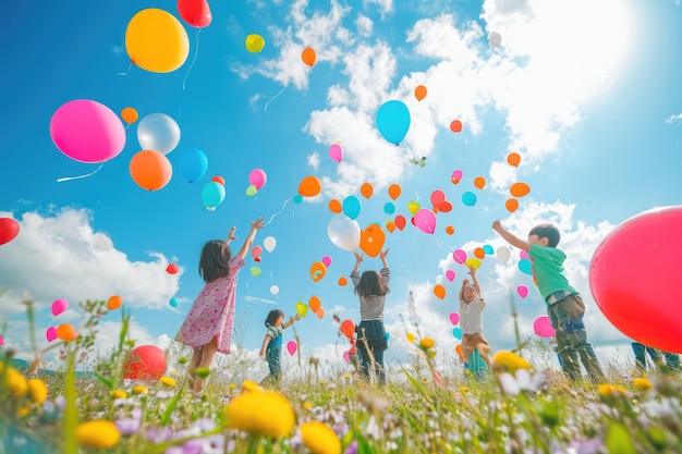 Zdjęcie dzieci bawiące się kolorowymi balonami na otwartym polu ogromny słoneczny łąka wypełniony dziećmi uwalniającymi kolorowe balony ai generowane