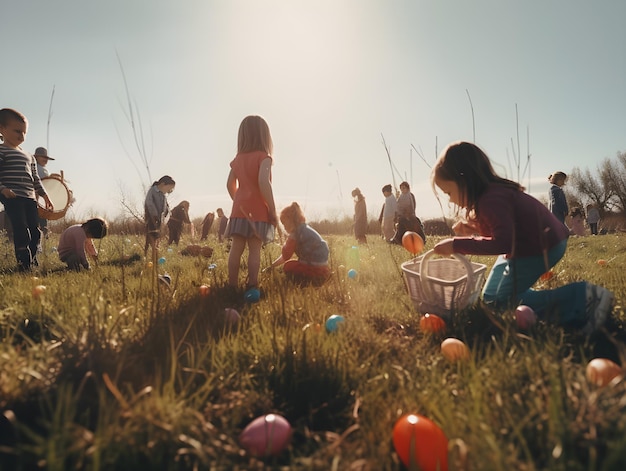 Dzieci bawiące się na trawie z pisankami