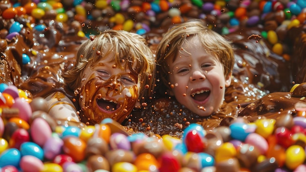 Zdjęcie dzieci bawiące się w basenie pełnym czekolady w zabawnych zdjęciach na przyjęcie wielkanocne