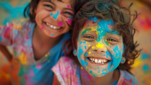 Dzieci bawiące się w Holi z bliska na radosnych twarzach pokrytych kolorem AI Generative