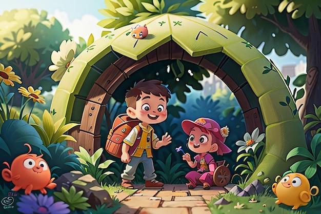 Dzieci bawiące się w lesie Cartoon Forest Children Paradise Tapeta tło ilustracja