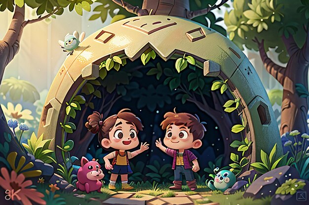 Dzieci bawiące się w lesie Cartoon Forest Children Paradise Tapeta tło ilustracja