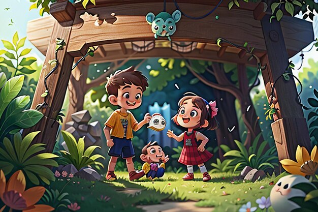 Dzieci bawiące się w lesie Cartoon Forest Children Paradise Tapeta tło ilustracja