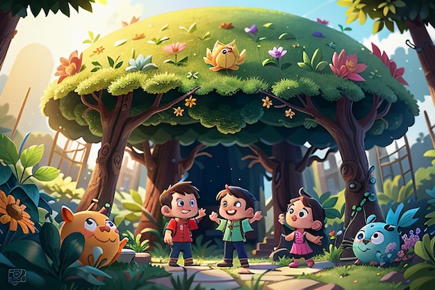 Dzieci bawiące się w lesie Cartoon Forest Children Paradise Tapeta tło ilustracja