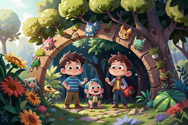 Dzieci bawiące się w lesie Cartoon Forest Children Paradise Tapeta tło ilustracja