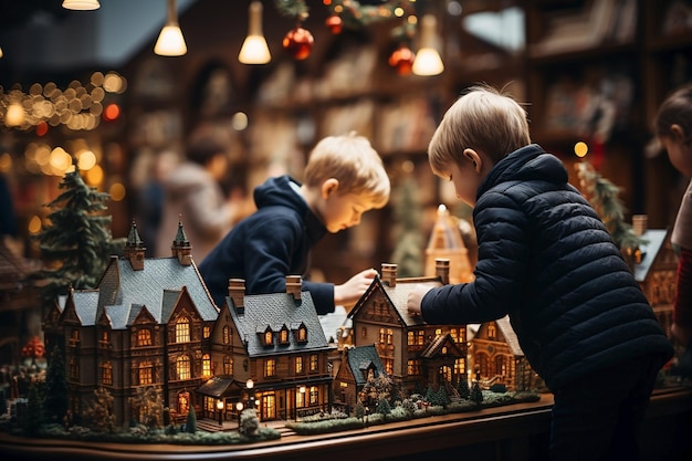 Dzieci bawiące się w sklepie z zabawkami na Boże Narodzenie