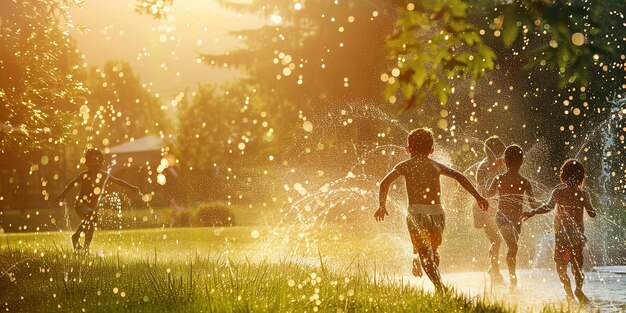 Dzieci bawiące się w sprinklerze w słoneczny dzień