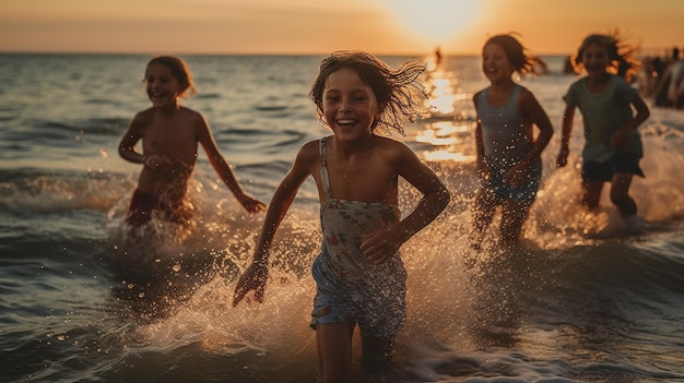 Dzieci bawiące się w wodzie o zachodzie słońca