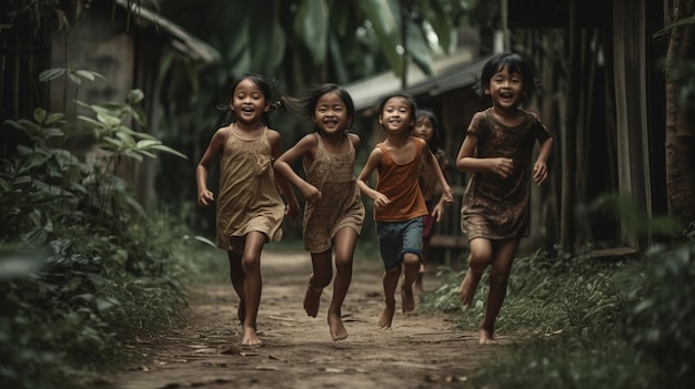 Dzieci biegają po polnej drodze w Kambodży.