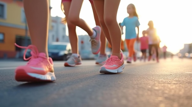 Dzieci biegające dzieci biegające w wyścigu biegnącym po ulicy miasta ze szczegółami generatywnej sztucznej inteligencji nóg