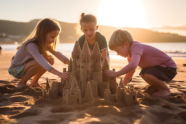 Zdjęcie dzieci budują miasto z piasku, gdy słońce zachodzi.