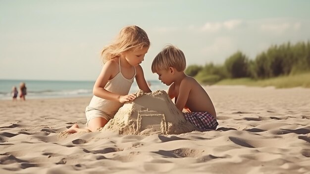 Zdjęcie dzieci budujące zamki z piasku na plaży sieć neuronowa generuje sztukę