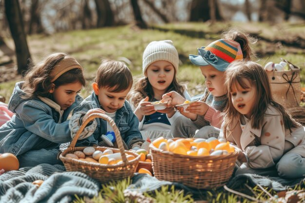 Dzieci Cieszące Się Piknikem Na Trawie Dzielą Się Jedzeniem I Uśmiechami