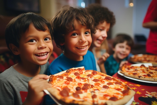 Dzieci cieszące się pizzą na przyjęciu urodzinowym