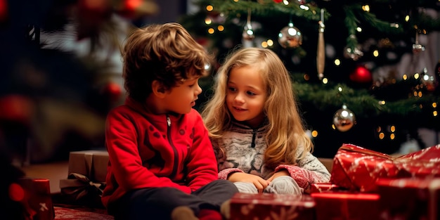 Dzieci czekają na Świętego Mikołaja pod choinką