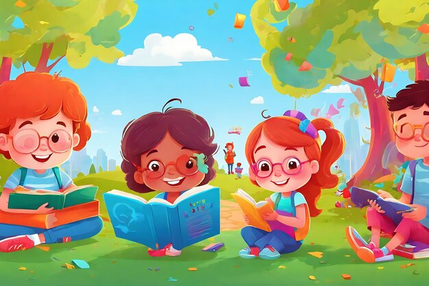 Dzieci czytają i badają opowieści w Światowy Dzień Książki