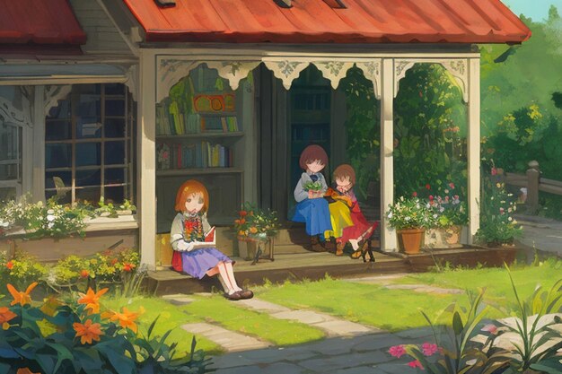 Dzieci czytają książki na stosie książek w ilustracji sceny ogrodowej