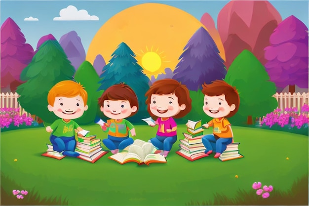 Dzieci czytają książki na stosie książek w ilustracji sceny ogrodowej