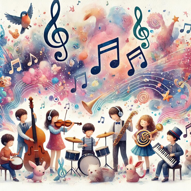 Dzieci grające na instrumentach muzycznych w scenie fantazyjnej xA