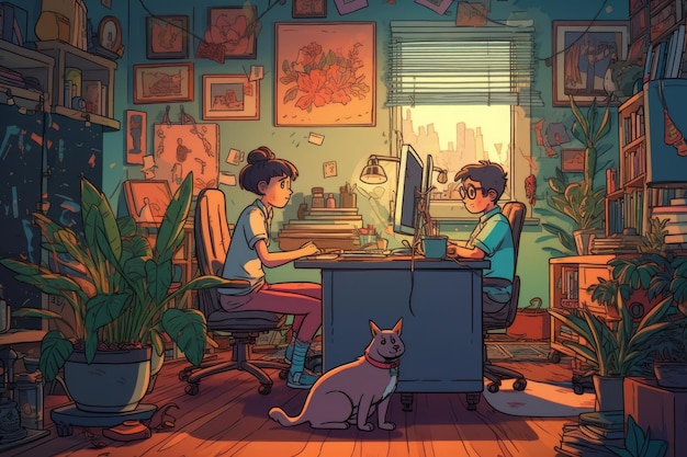 Dzieci i zwierzęta domowe pracujące i bawiące się na komputerze w domu