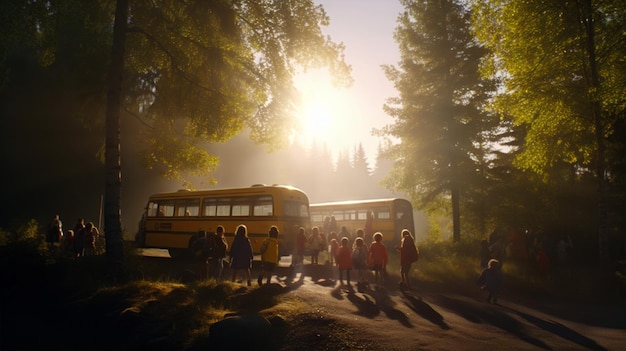 Dzieci idące do autobusu szkolnego wygenerowane przez AI