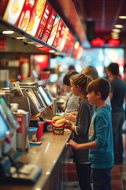 Dzieci kupują hamburgery w restauracji typu fast food