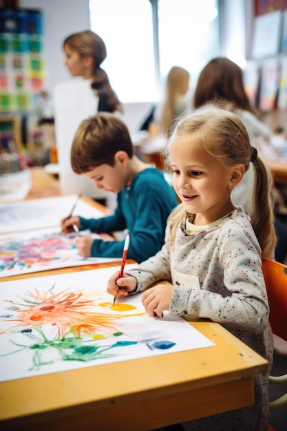 Dzieci malują akwarelami w szkole