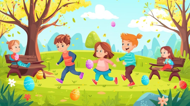 Dzieci malują jaja wielkanocne w parku szczęśliwe i pełne wolnego czasu