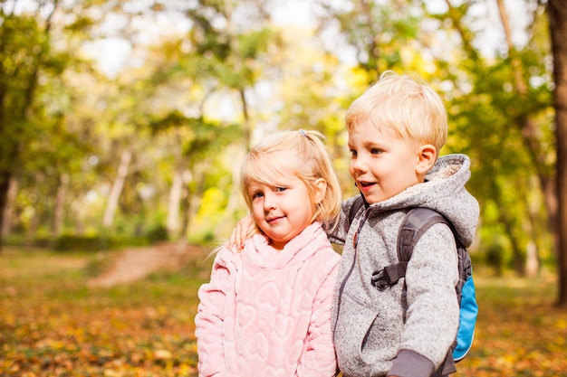 Dzieci na spacerze w jesiennym parku. Urocze rodzeństwo na szczęśliwych rodzinnych wakacjach w lesie