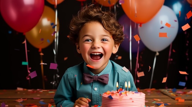 Dzieci na urodzinowej imprezie z ogromną ciastką świętują razem z balonami